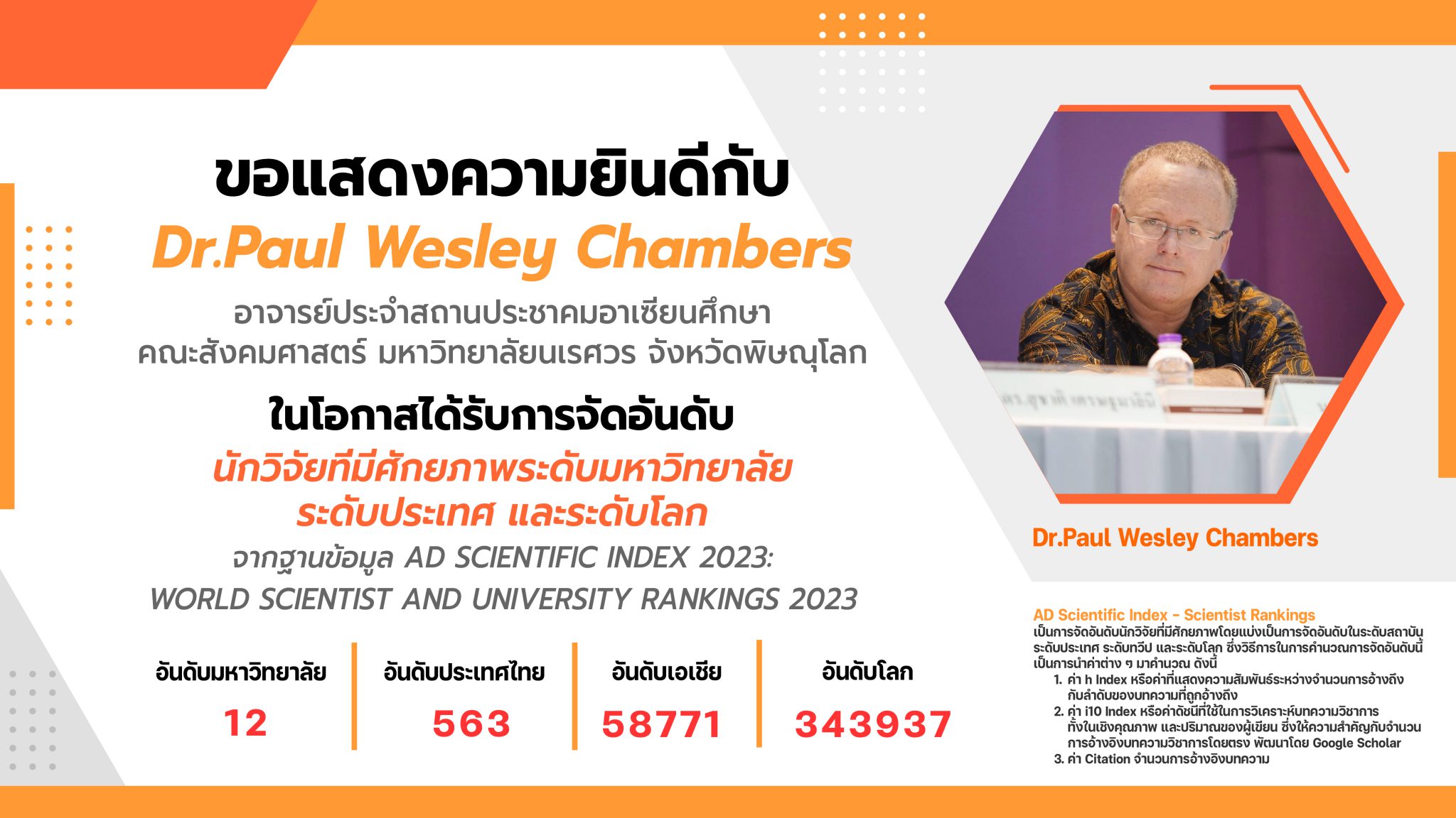 ขอแสดงความยินดีกับ Dr.Paul Wesley Chambers ในโอกาสได้รับการจัดอันดับ ...